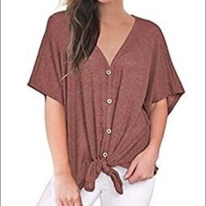 Womens UGET Blouse Short Sleeve V Neck Button Down Shirts Tie Front Knot Medium.